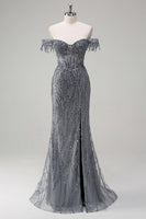 Load image into Gallery viewer, Sparkly Mermaid Dusty Rose Off the Shoulder Long Prom Dress with Slit