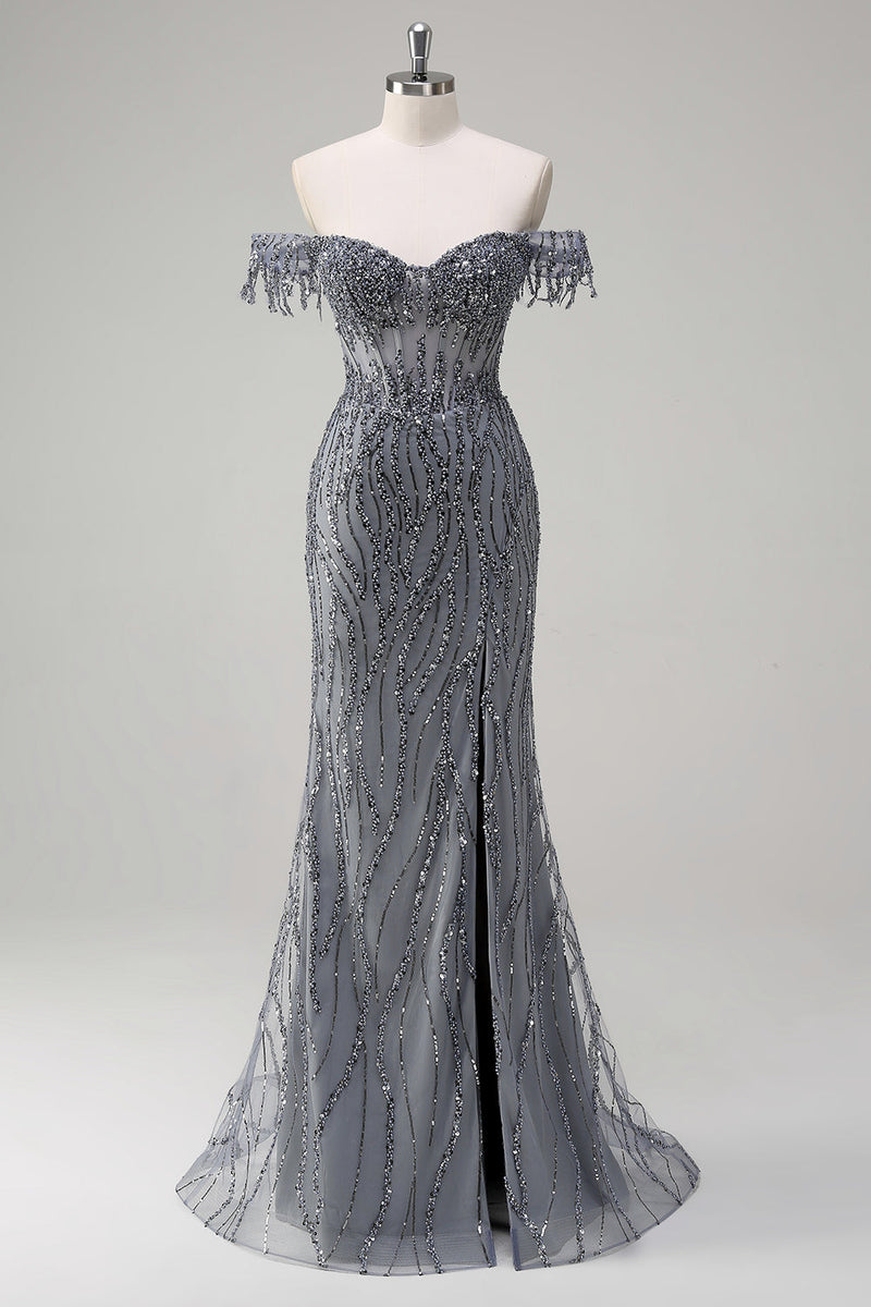 Load image into Gallery viewer, Sparkly Mermaid Dusty Rose Off the Shoulder Long Prom Dress with Slit