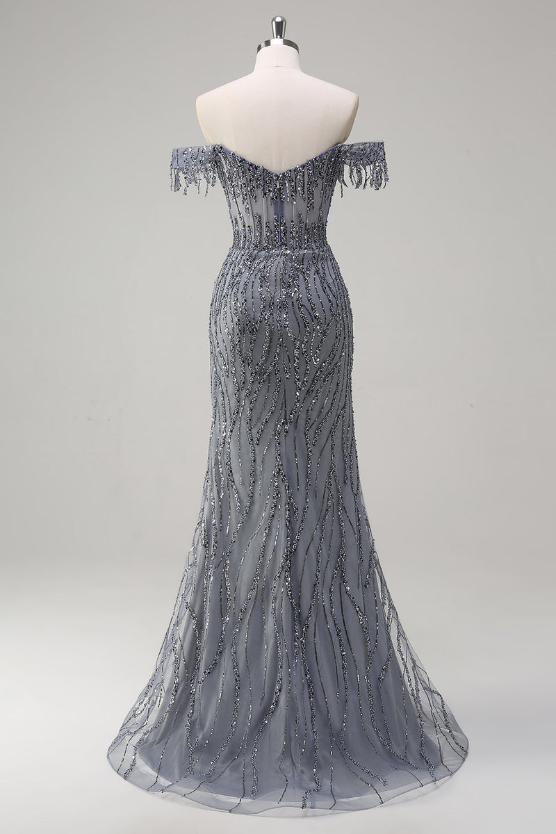 Load image into Gallery viewer, Sparkly Mermaid Dusty Rose Off the Shoulder Long Prom Dress with Slit