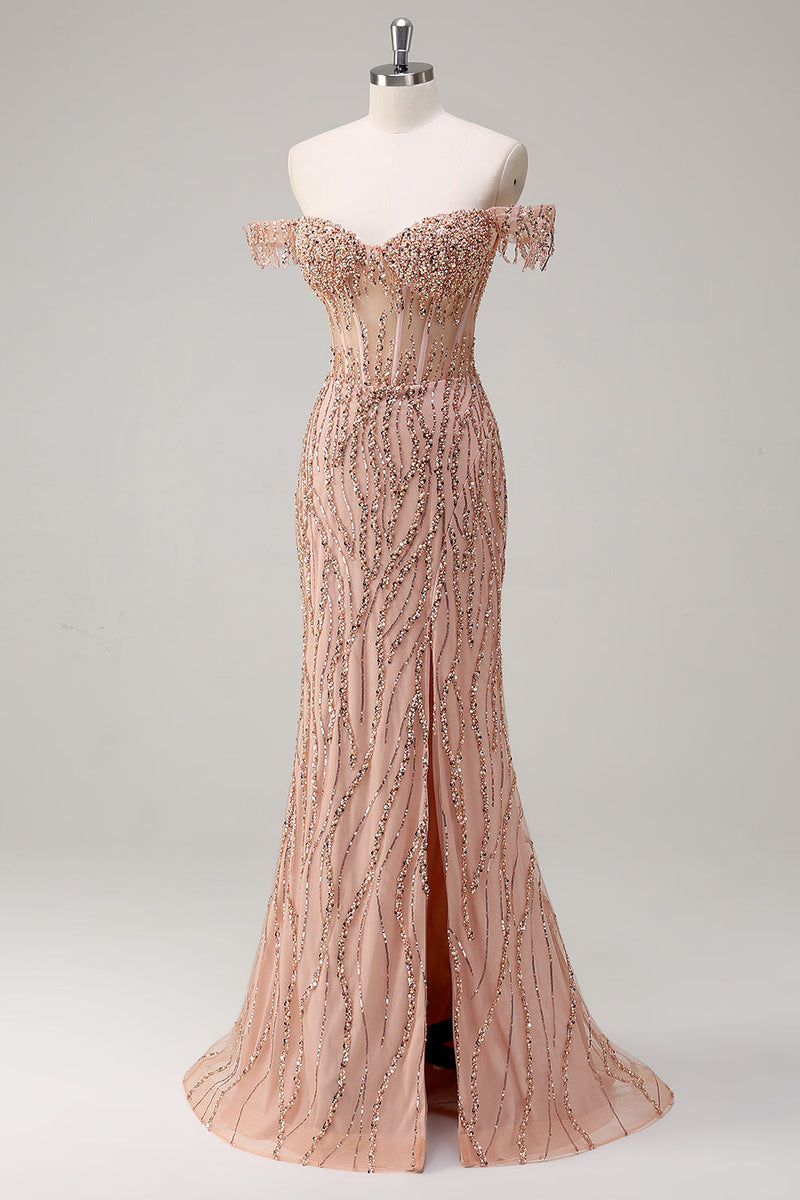 Load image into Gallery viewer, Sparkly Mermaid Dusty Rose Off the Shoulder Long Prom Dress with Slit