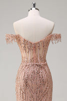 Load image into Gallery viewer, Sparkly Mermaid Dusty Rose Off the Shoulder Long Prom Dress with Slit