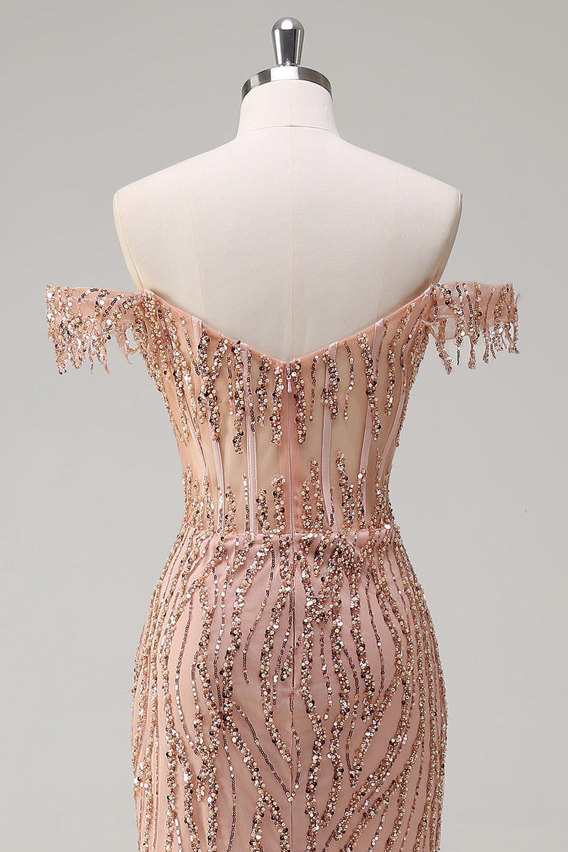 Load image into Gallery viewer, Sparkly Mermaid Dusty Rose Off the Shoulder Long Prom Dress with Slit