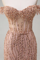 Load image into Gallery viewer, Sparkly Mermaid Dusty Rose Off the Shoulder Long Prom Dress with Slit