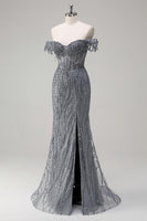 Load image into Gallery viewer, Sparkly Mermaid Dusty Rose Off the Shoulder Long Prom Dress with Slit