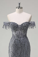 Load image into Gallery viewer, Sparkly Mermaid Dusty Rose Off the Shoulder Long Prom Dress with Slit