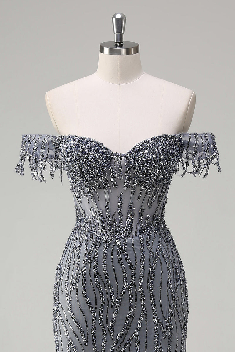 Load image into Gallery viewer, Sparkly Mermaid Dusty Rose Off the Shoulder Long Prom Dress with Slit