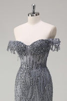 Load image into Gallery viewer, Sparkly Mermaid Dusty Rose Off the Shoulder Long Prom Dress with Slit