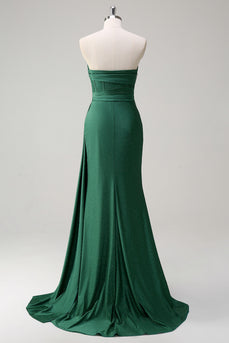 Glitter Strapless Dark Green Mermaid Long Prom Dress with Slit