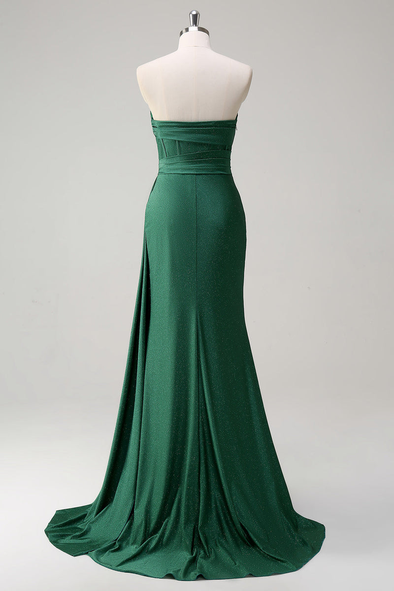 Load image into Gallery viewer, Glitter Strapless Dark Green Mermaid Long Prom Dress with Slit