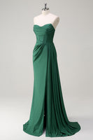 Load image into Gallery viewer, Glitter Strapless Dark Green Mermaid Long Prom Dress with Slit