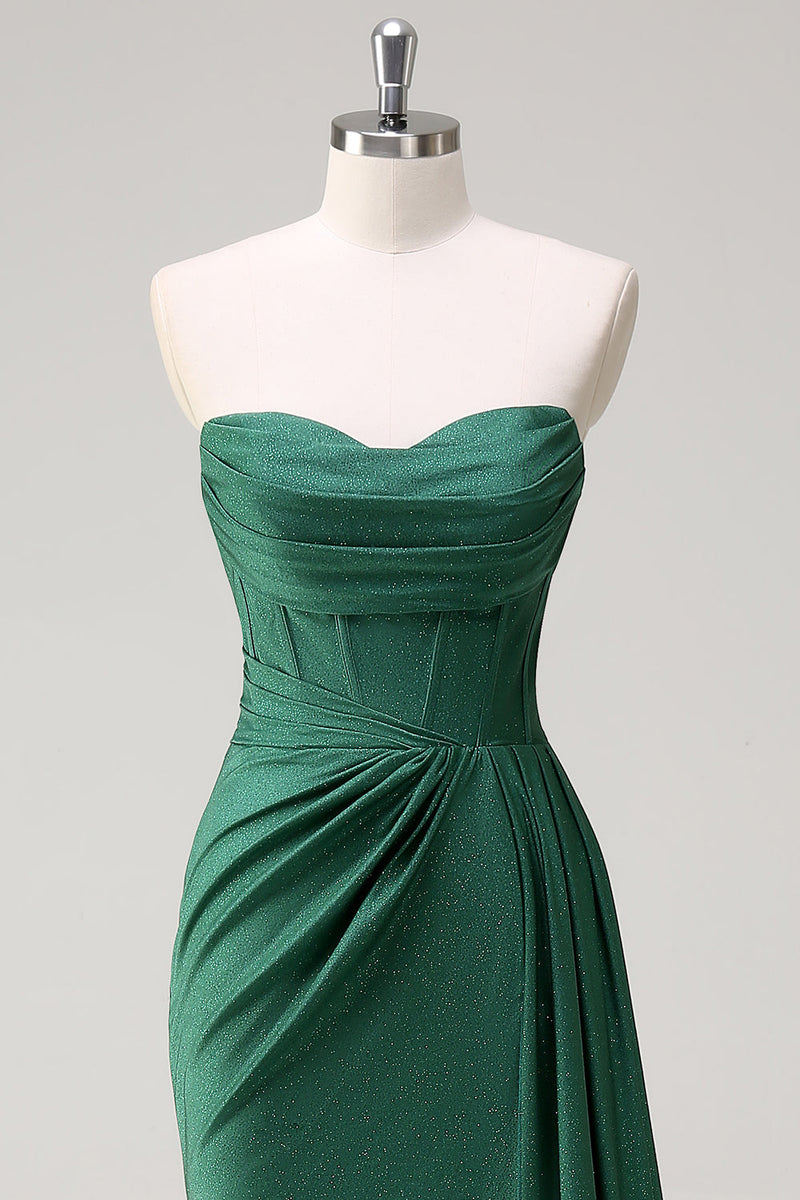 Load image into Gallery viewer, Glitter Strapless Dark Green Mermaid Long Prom Dress with Slit