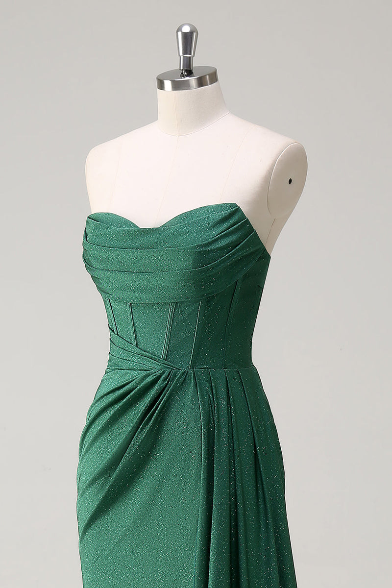 Load image into Gallery viewer, Glitter Strapless Dark Green Mermaid Long Prom Dress with Slit