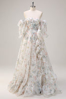 Load image into Gallery viewer, White Floral A Line Off The Shoulder Print Long Prom Dress