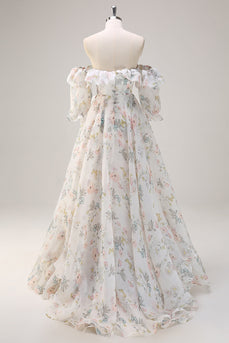 White Floral A Line Off The Shoulder Print Long Prom Dress