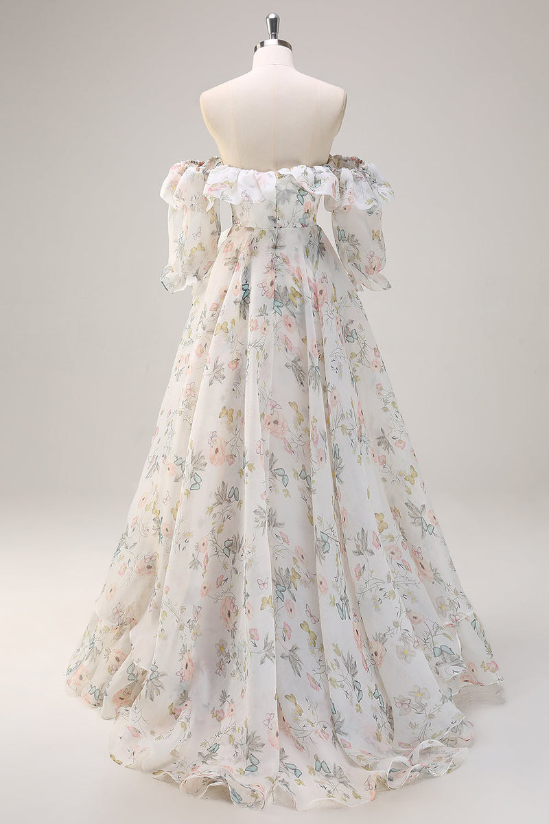 Load image into Gallery viewer, White Floral A Line Off The Shoulder Print Long Prom Dress