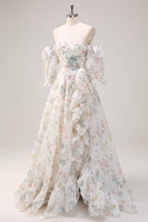 Load image into Gallery viewer, White Floral A Line Off The Shoulder Print Long Prom Dress