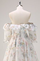 Load image into Gallery viewer, White Floral A Line Off The Shoulder Print Long Prom Dress