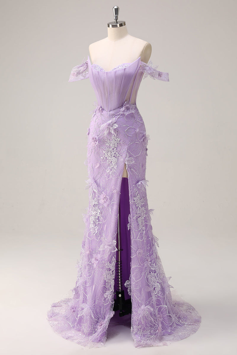 Load image into Gallery viewer, Lilac Off the Shoulder Mermaid Corset Long Prom Dress