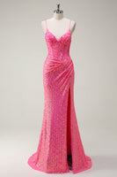 Load image into Gallery viewer, Sparkly Hot Pink Sequin Corset Mermaid Prom Dress with Slit