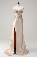 Load image into Gallery viewer, Champagne Strapless Mermaid Satin Prom Dress with Sequins