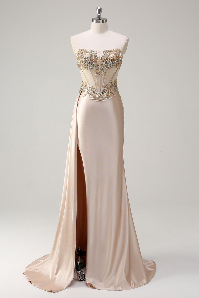 Load image into Gallery viewer, Champagne Strapless Mermaid Satin Prom Dress with Sequins