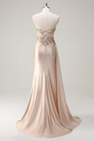 Load image into Gallery viewer, Champagne Strapless Mermaid Satin Prom Dress with Sequins