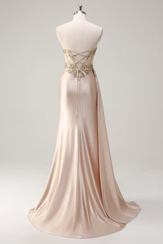 Champagne Strapless Mermaid Satin Prom Dress with Sequins
