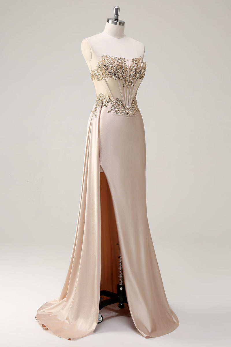 Load image into Gallery viewer, Champagne Strapless Mermaid Satin Prom Dress with Sequins