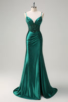 Load image into Gallery viewer, Dark Green Mermaid Corset Beaded Prom Dress with Slit