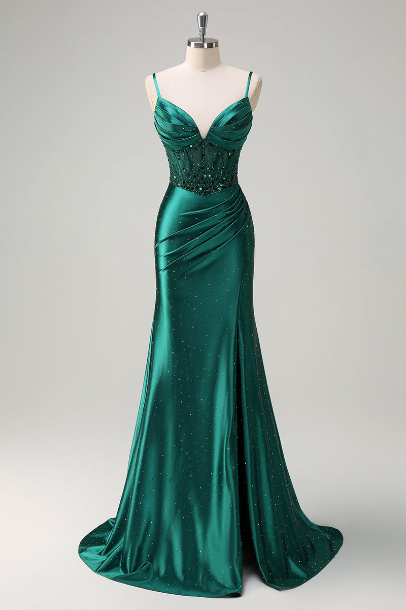 Load image into Gallery viewer, Dark Green Mermaid Corset Beaded Prom Dress with Slit