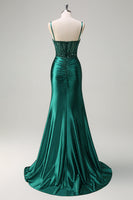 Load image into Gallery viewer, Dark Green Mermaid Corset Beaded Prom Dress with Slit