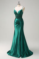 Load image into Gallery viewer, Dark Green Mermaid Corset Beaded Prom Dress with Slit