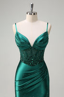 Load image into Gallery viewer, Dark Green Mermaid Corset Beaded Prom Dress with Slit
