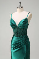 Load image into Gallery viewer, Dark Green Mermaid Corset Beaded Prom Dress with Slit