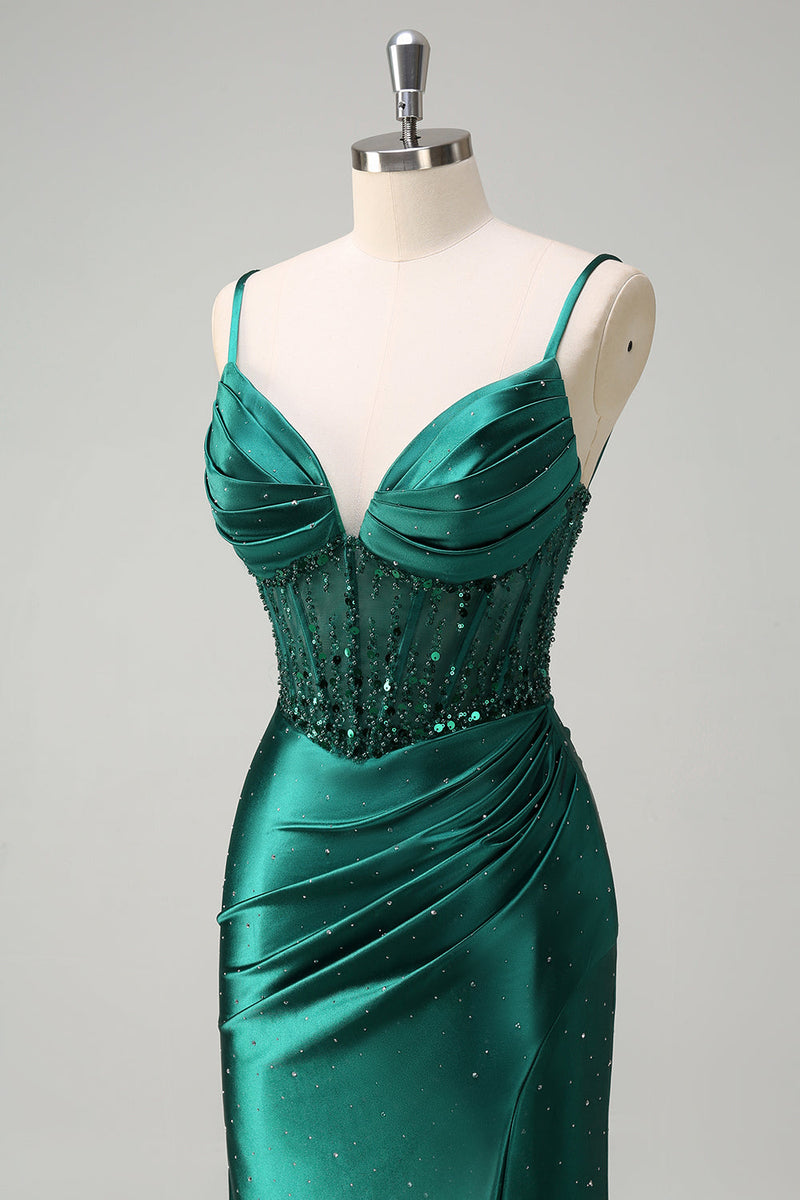 Load image into Gallery viewer, Dark Green Mermaid Corset Beaded Prom Dress with Slit
