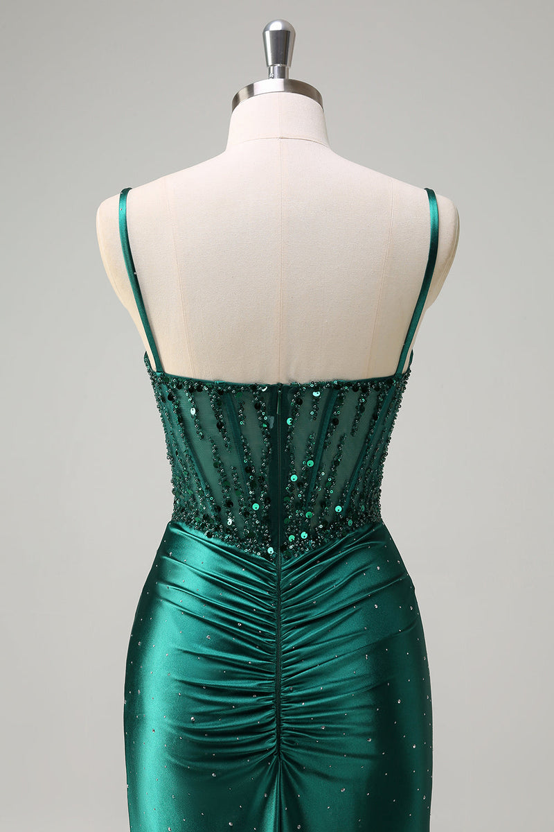 Load image into Gallery viewer, Dark Green Mermaid Corset Beaded Prom Dress with Slit