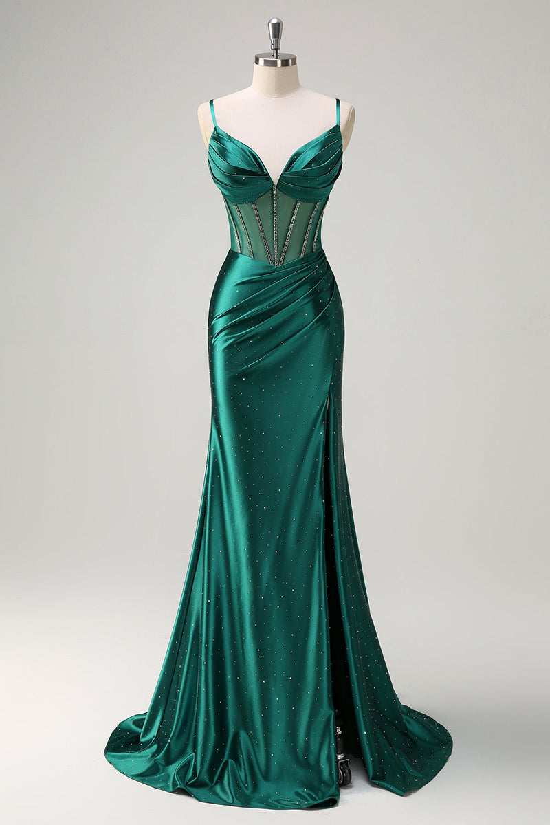 Load image into Gallery viewer, Dark Green Mermaid Corset Beaded Long Prom Dress with Slit