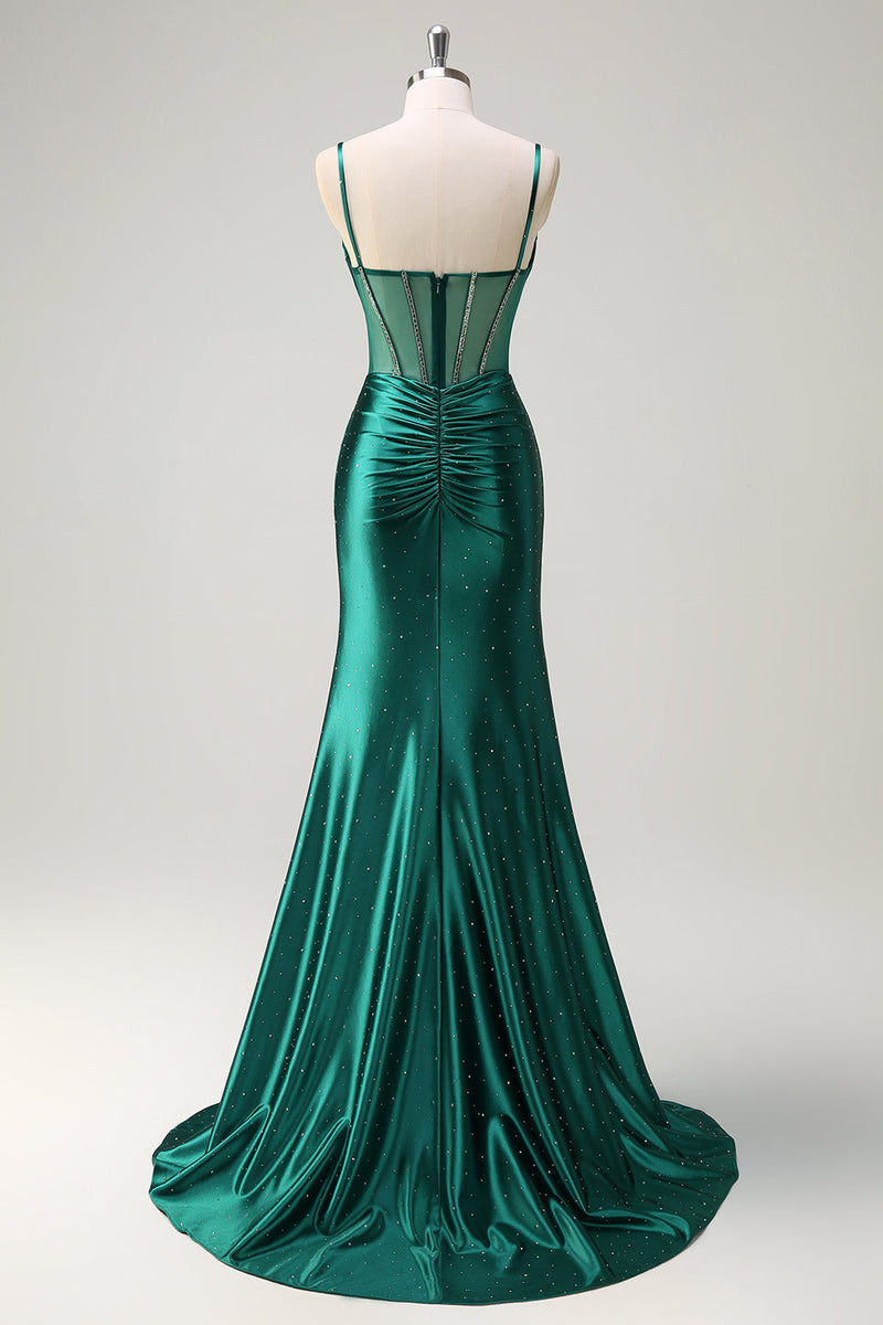Load image into Gallery viewer, Dark Green Mermaid Corset Beaded Long Prom Dress with Slit