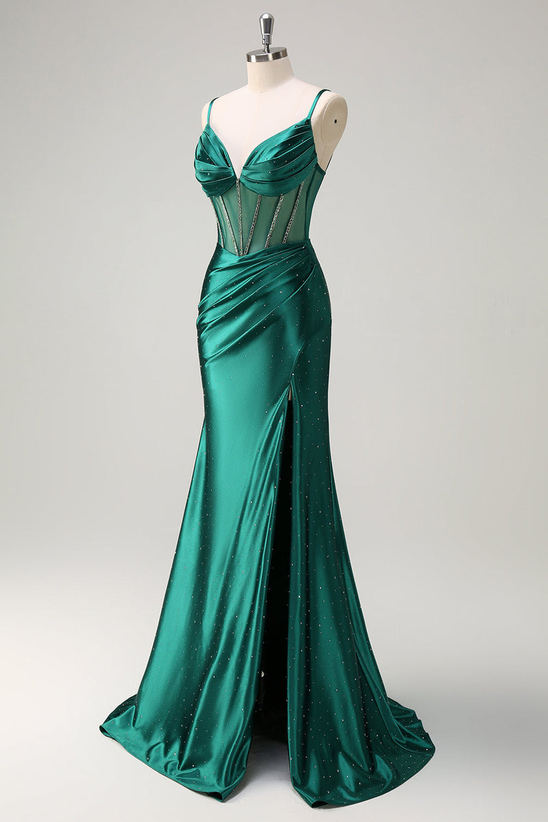 Load image into Gallery viewer, Dark Green Mermaid Corset Beaded Long Prom Dress with Slit