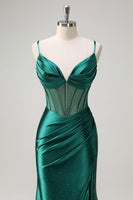 Load image into Gallery viewer, Dark Green Mermaid Corset Beaded Long Prom Dress with Slit