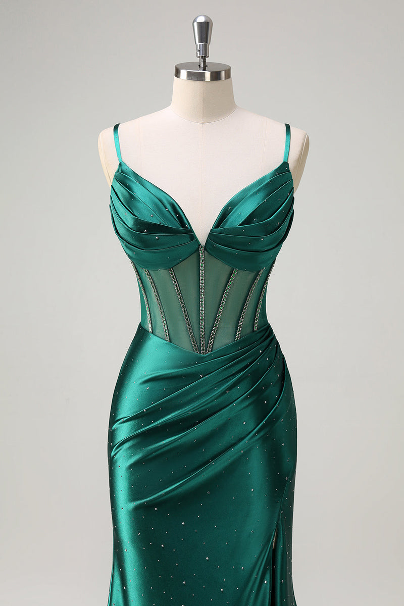 Load image into Gallery viewer, Dark Green Mermaid Corset Beaded Long Prom Dress with Slit