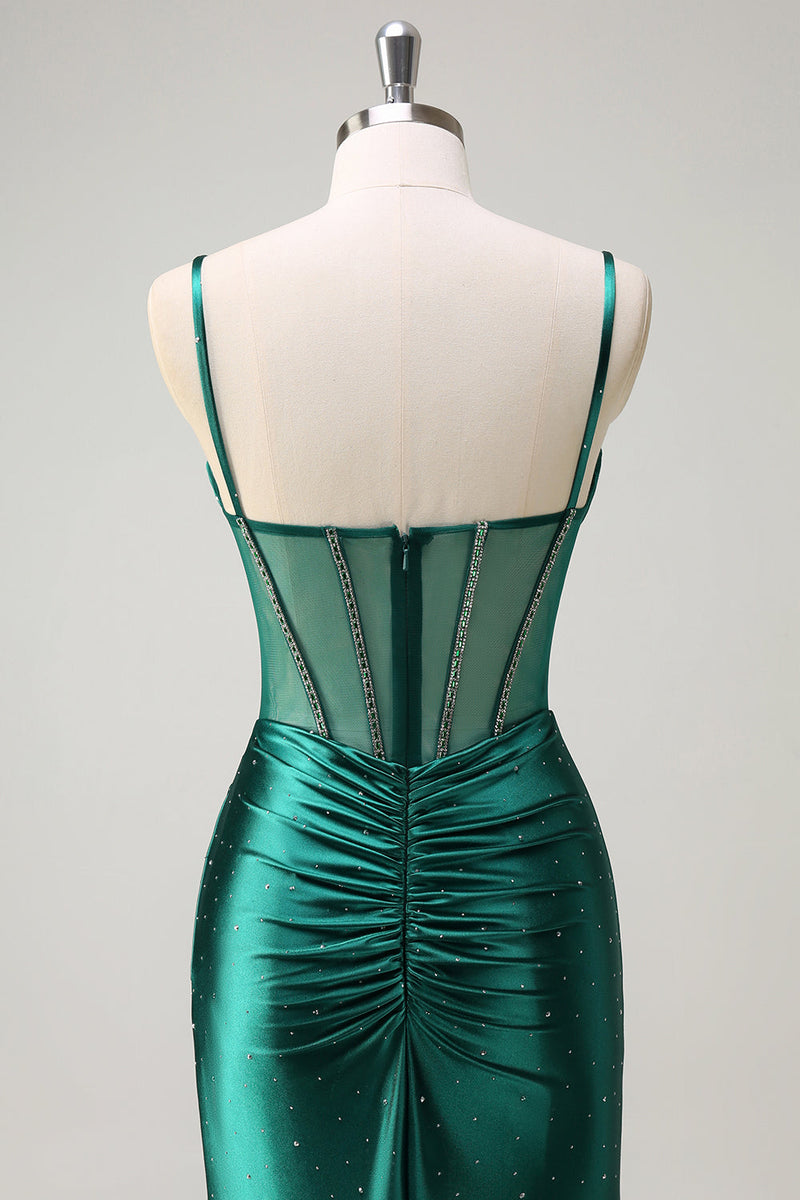 Load image into Gallery viewer, Dark Green Mermaid Corset Beaded Long Prom Dress with Slit