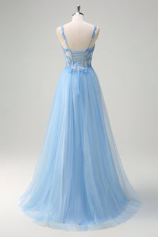 Glitter Blue A Line Sheer Corset Long Prom Dress with Slit