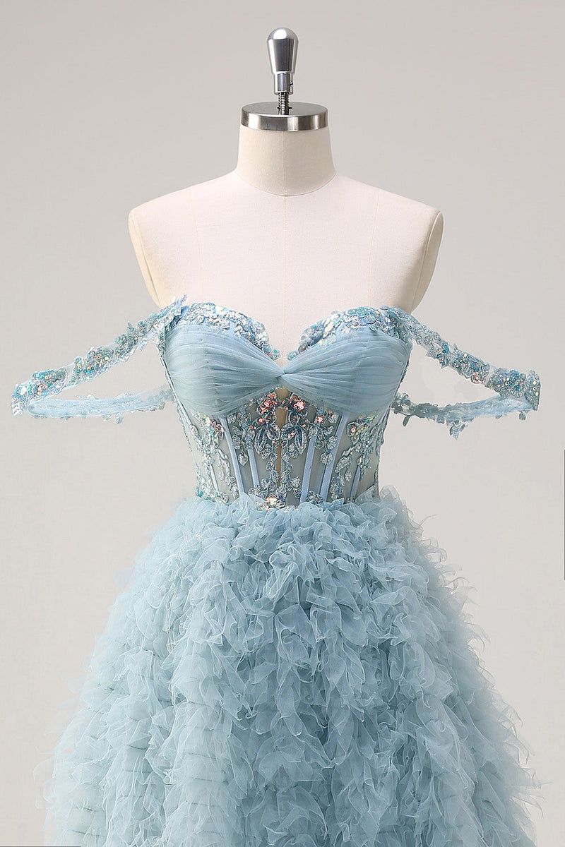 Load image into Gallery viewer, Dusty Blue Off the Shoulder Sheer Corset Long Prom Dress