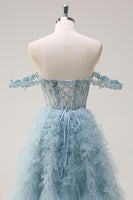 Load image into Gallery viewer, Dusty Blue Off the Shoulder Sheer Corset Long Prom Dress