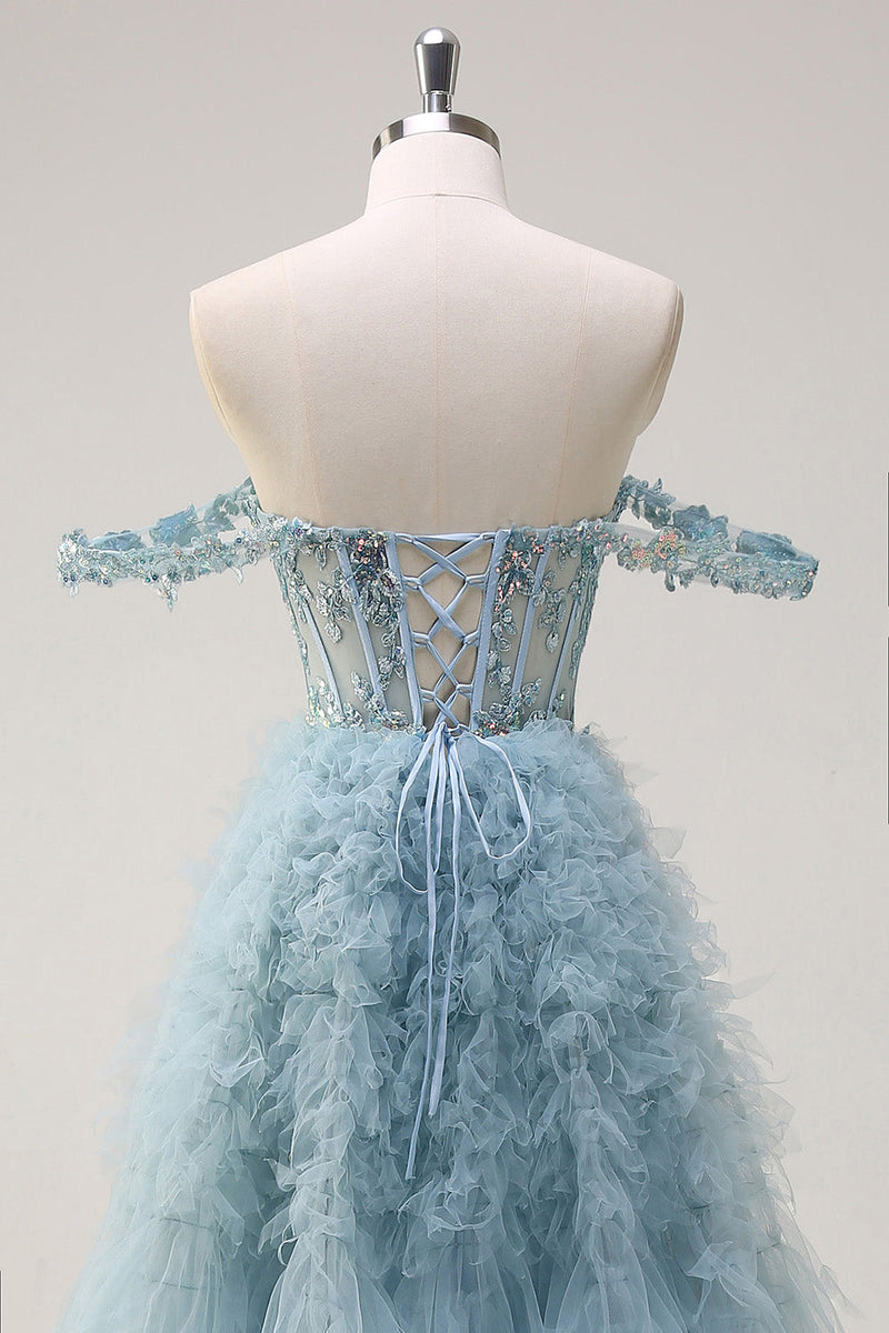 Load image into Gallery viewer, Dusty Blue Off the Shoulder Sheer Corset Long Prom Dress