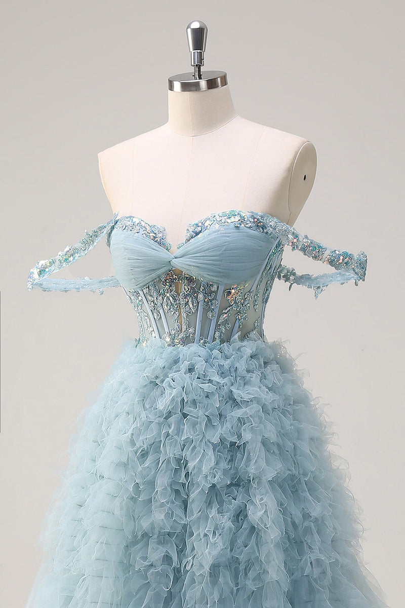 Load image into Gallery viewer, Dusty Blue Off the Shoulder Sheer Corset Long Prom Dress