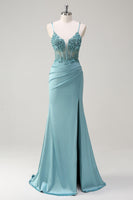 Load image into Gallery viewer, Sparkly Blue Mermaid Corset Prom Dress with Slit