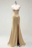 Load image into Gallery viewer, Mermaid Golden Corset Long Prom Dress with Slit