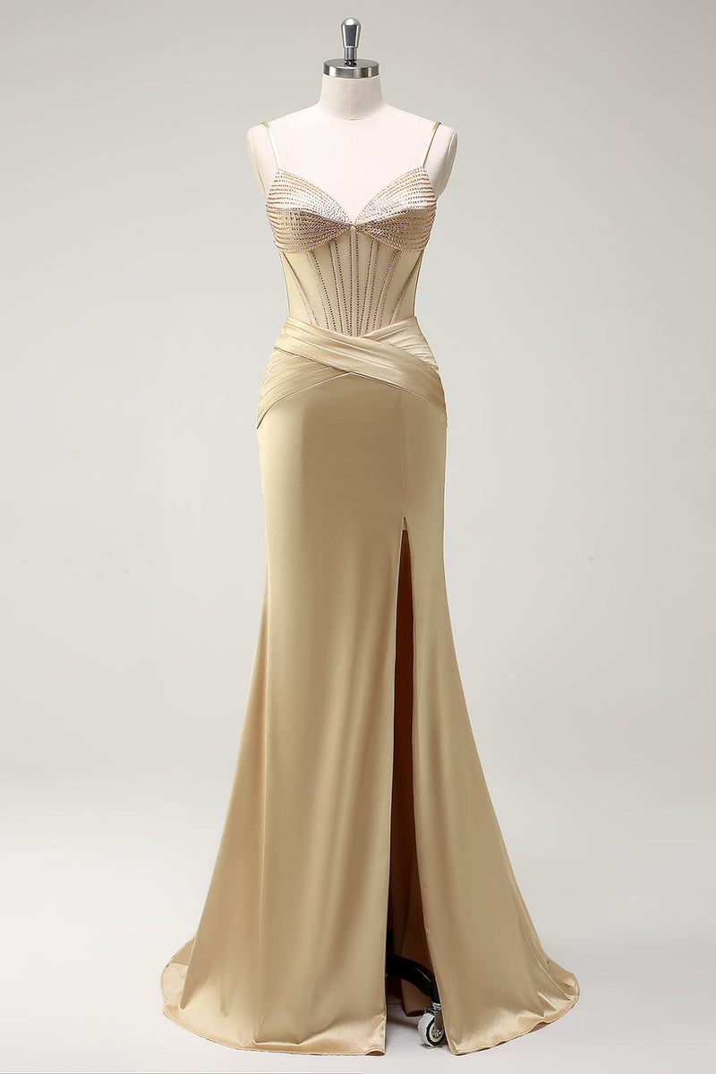 Load image into Gallery viewer, Mermaid Golden Corset Long Prom Dress with Slit